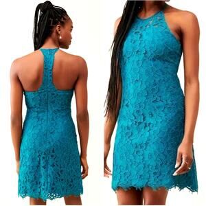 Anthropologie x Hutch S Lace $225 Halter Racerback Dress Fit & Flare Teal Blue
